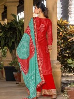 Red Real Chinon Silk Digital Print Plazzo Suit